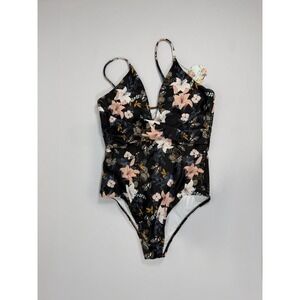 Girls Black Floral‎ One-Piece Swimsuit with Pink & White Flowers Large